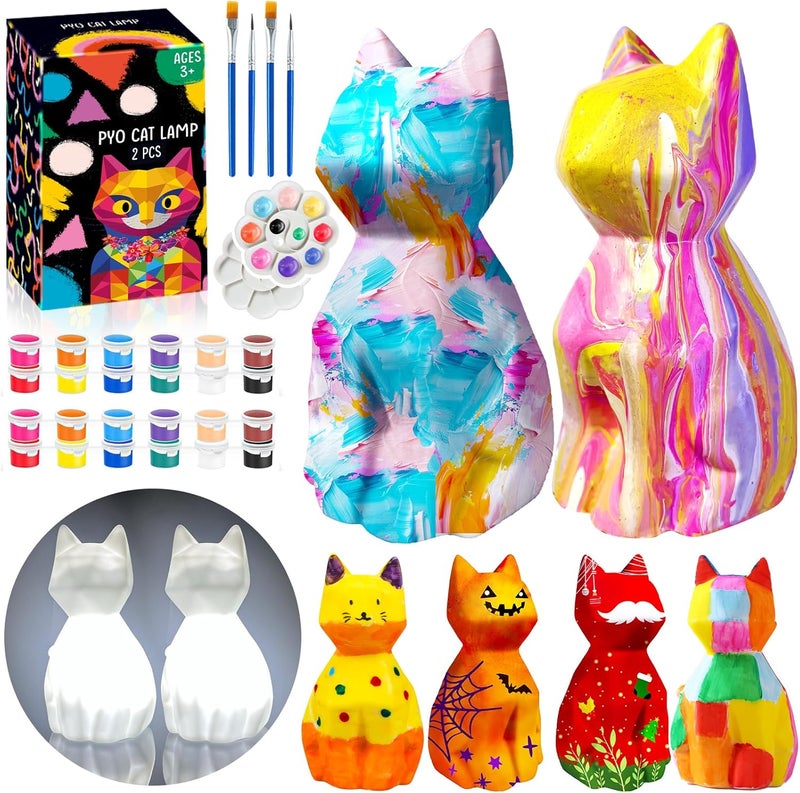 FUNZBO 2pcs Paint Your Own Cat Lamp - Arts and Crafts Supplies Kitten Painting Kits for Kids Teens, DIY Night Light Toy for Toddlers Girls Boys Ages 3 4 5 6 7 8 9 10 11 12 13 Christmas Birthday Gifts - Image 1